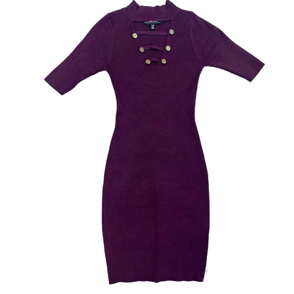 Plum purple short sleeve ribbed high neck bodycon mini dress Sz L
